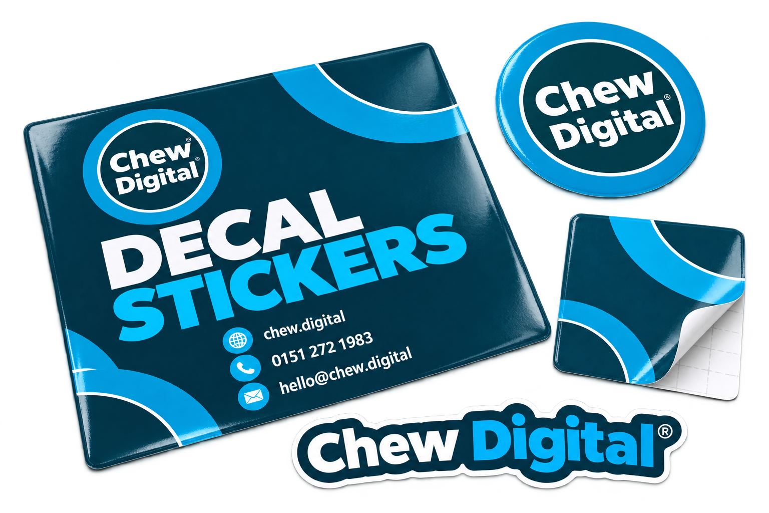 Individual Chew Digital® decals with rectangular, circular, square and custom-cut designs