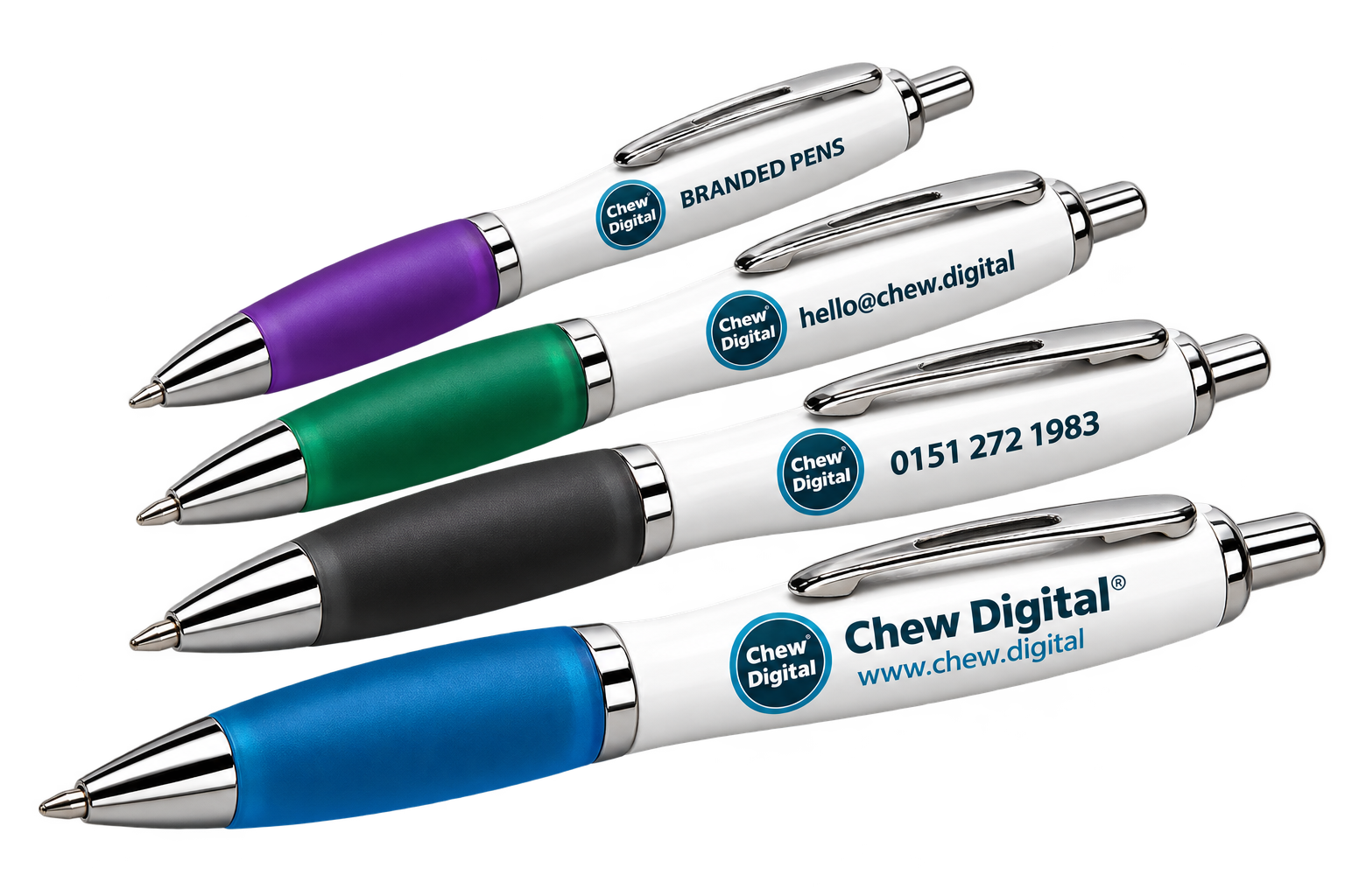 Chew Digital® branded Contour ballpoint pens with blue, black, green and purple grips