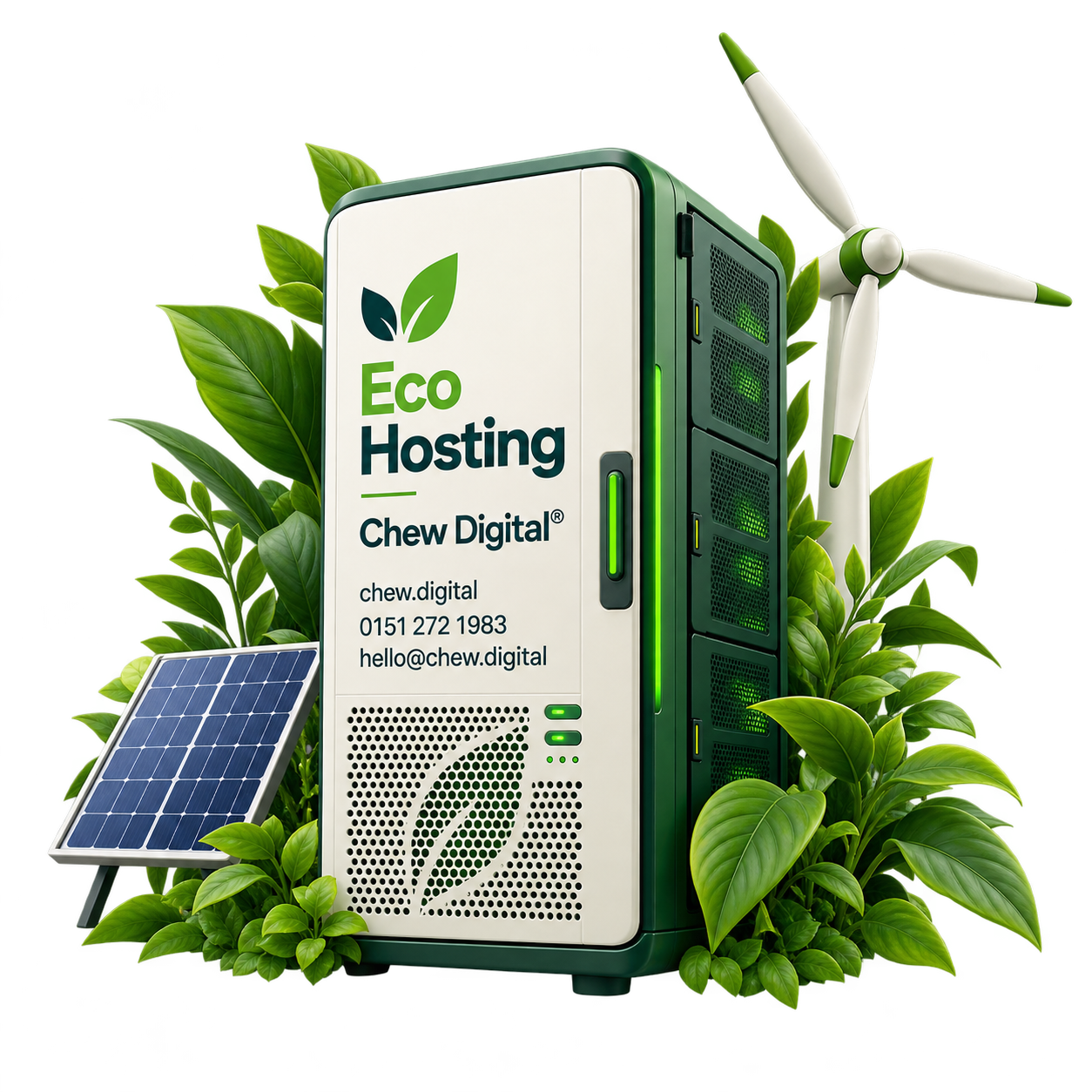 Chew Digital&reg; Eco Hosting illustration with a server, green leaves, solar panel and wind turbine