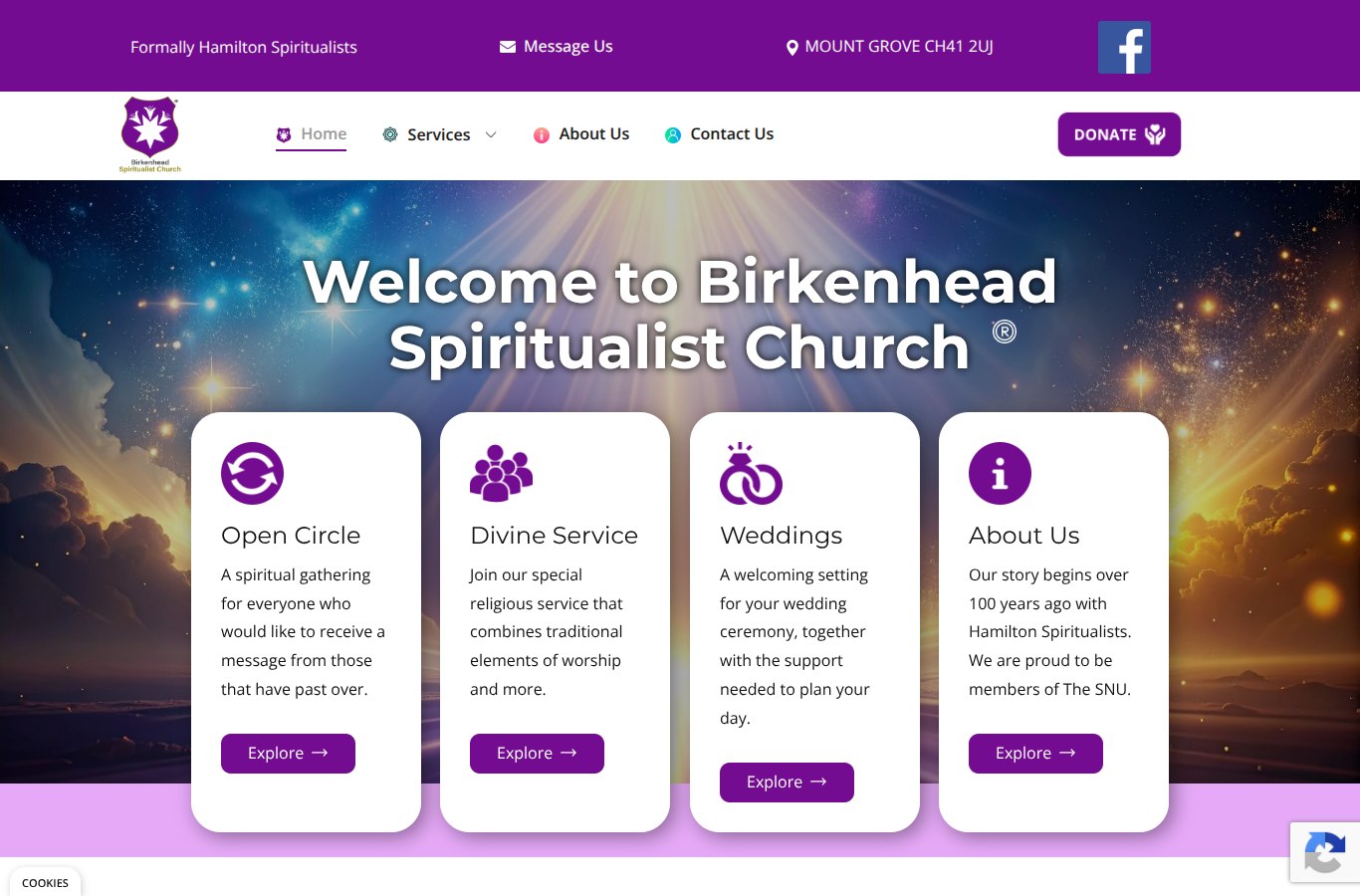 Homepage of the Birkenhead Spiritualist Church website, built by Chew Digital&reg;