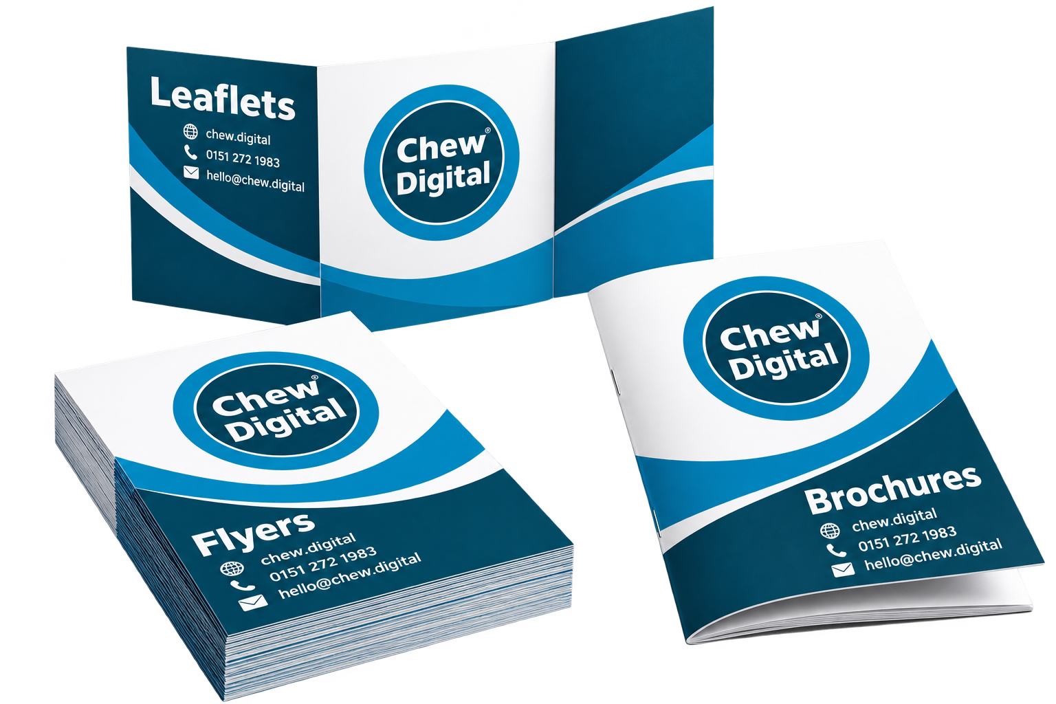 Chew Digital&reg; flyers, folded leaflet and brochure in blue, white and deep teal