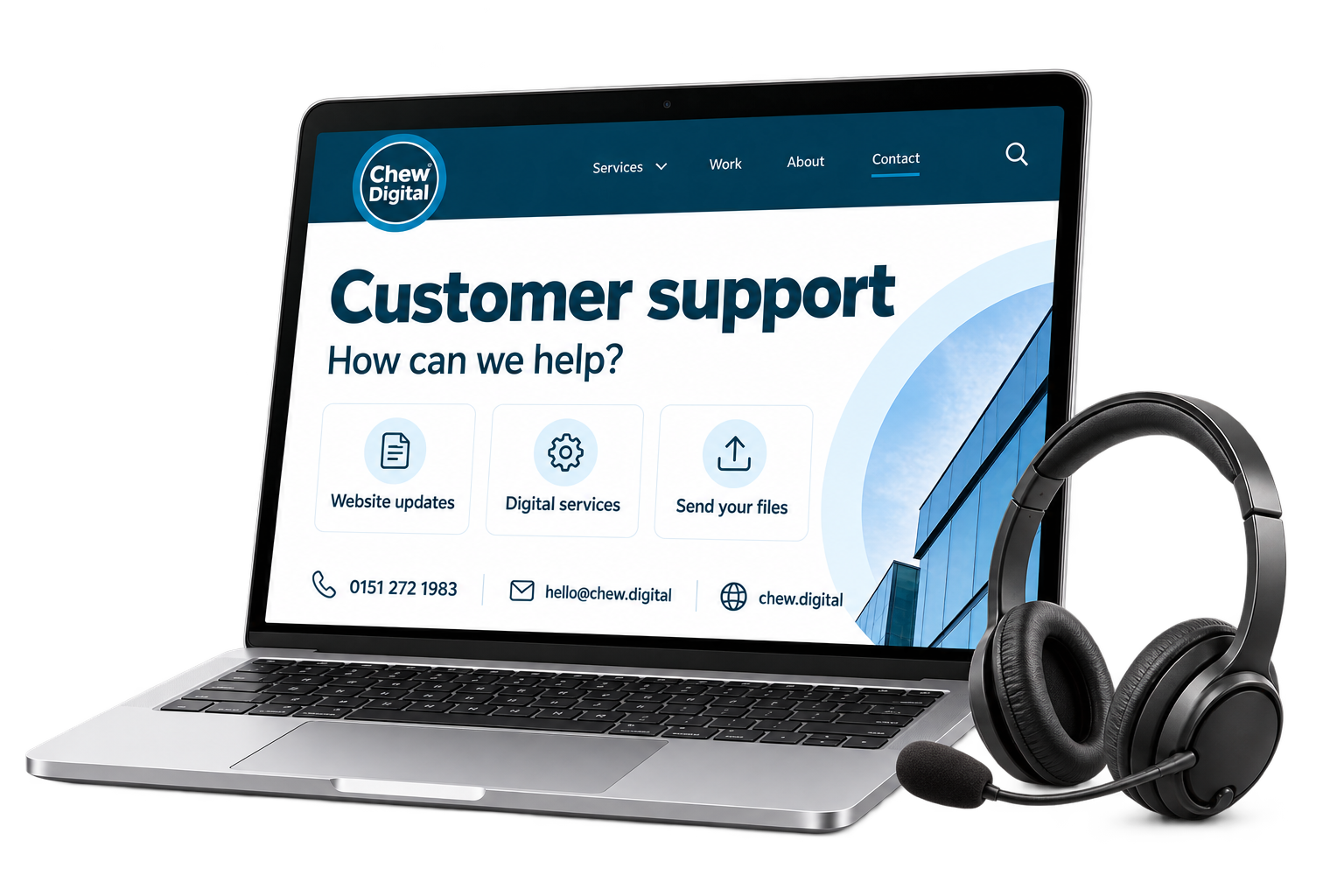 Chew Digital&reg; customer support on a laptop, with a professional headset