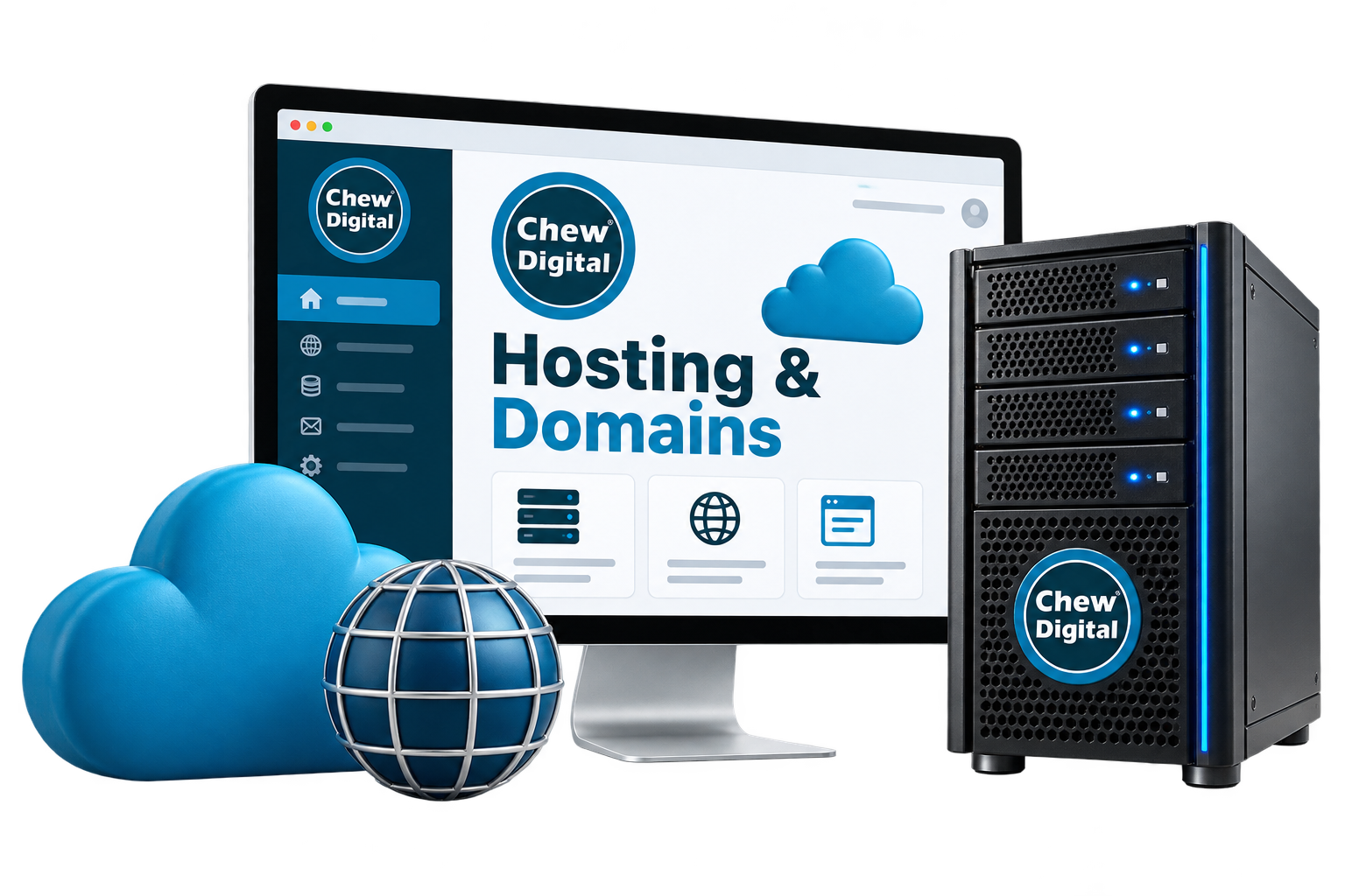 Chew Digital&reg; hosting and domain service mockup with server and dashboard