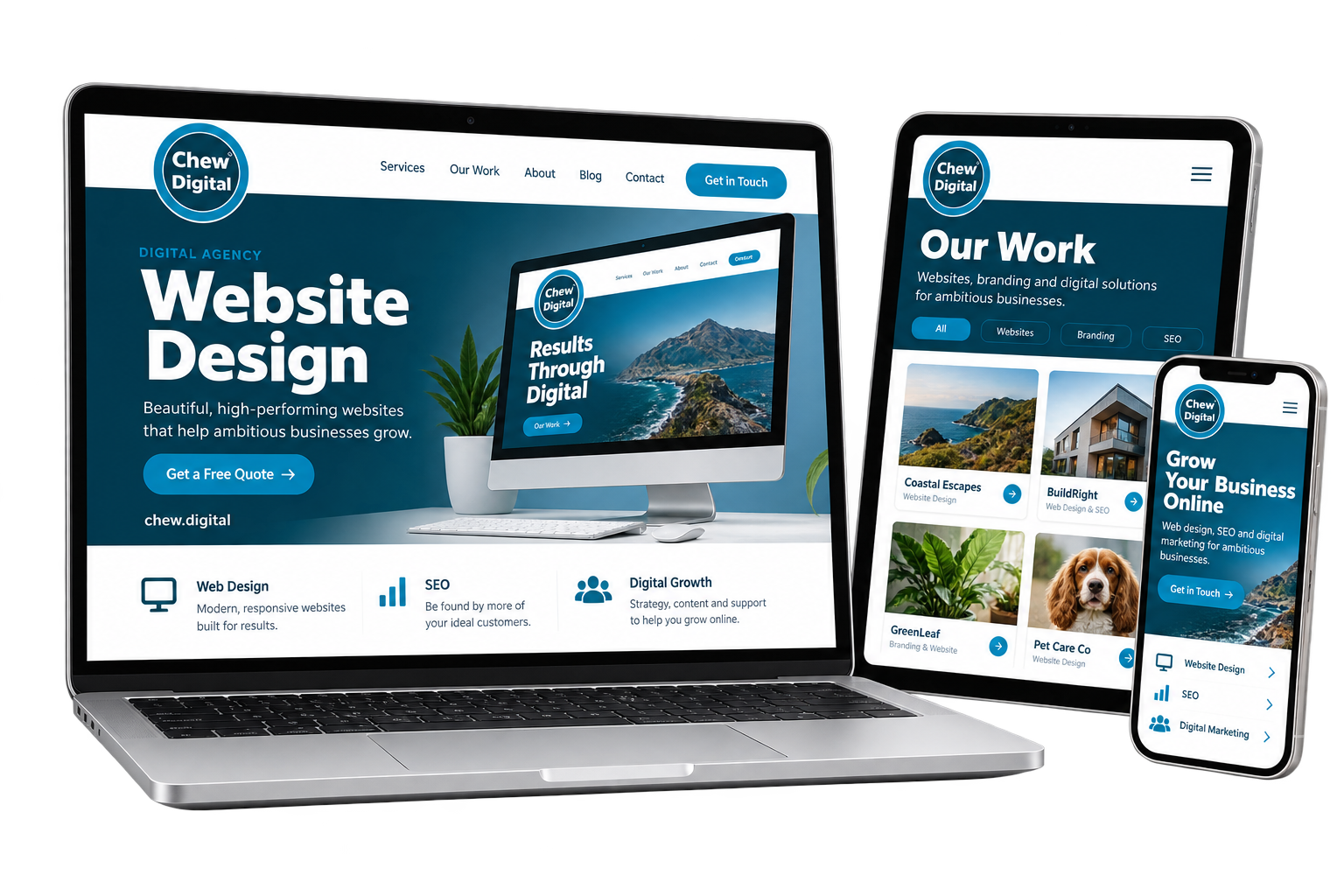 Chew Digital® website mockup on laptop, tablet and phone